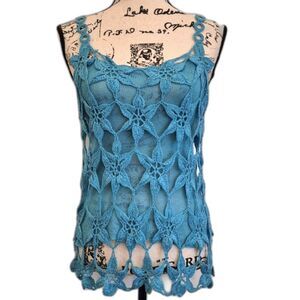 Turquoise Floral Crochet Lace Tank Top Cotton Boho Open Knit Festival Beach
